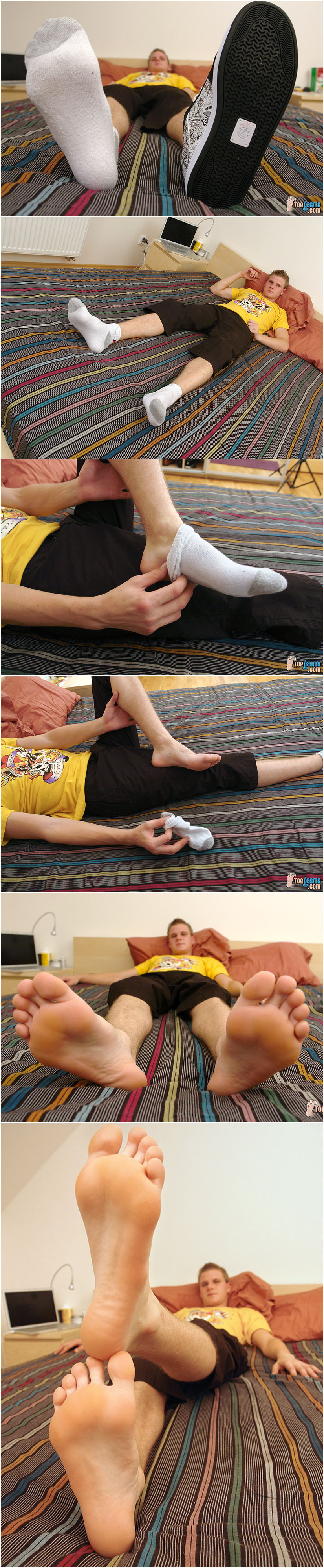 Blond European guy shows off his bare feet