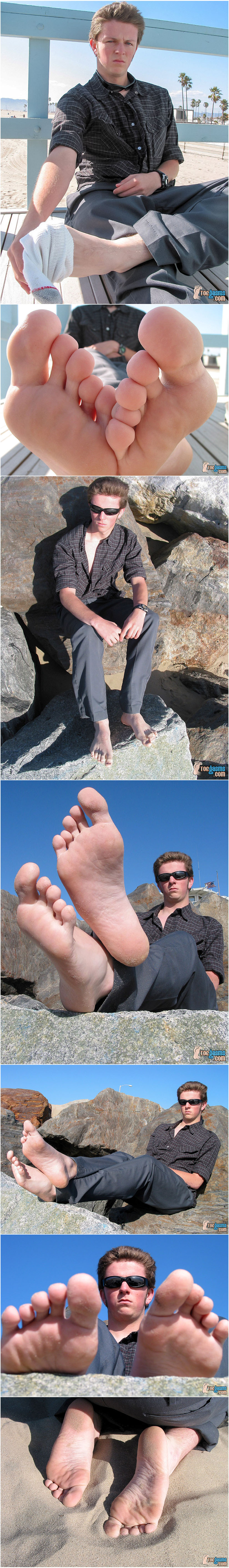 Barefoot guy with sandy feet at the beach