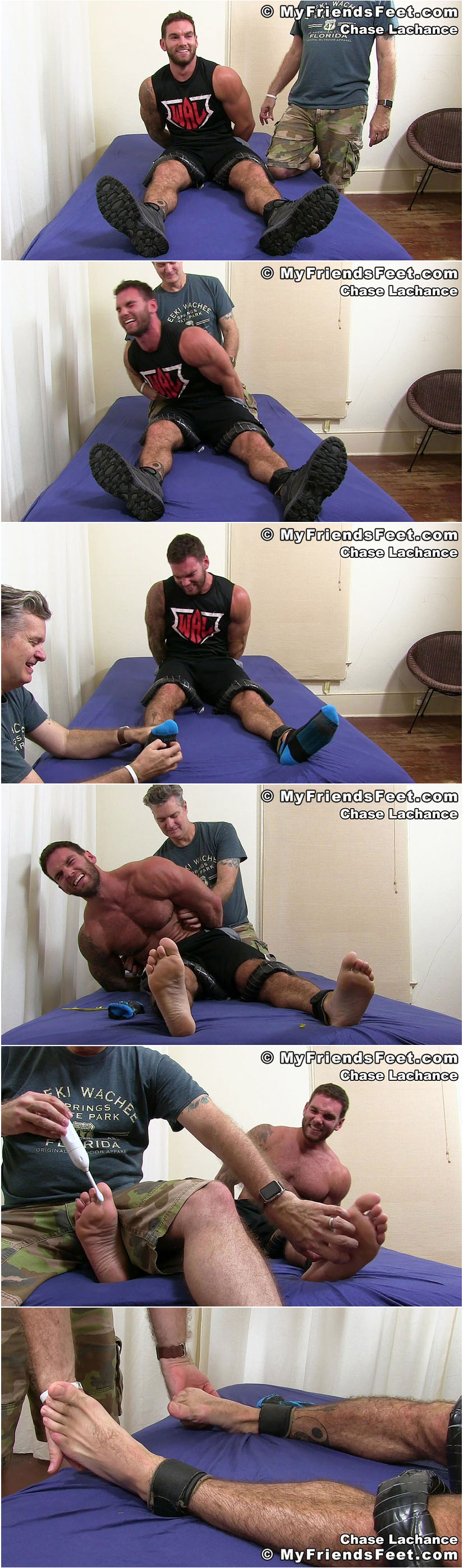 Gay porn star Chase Lachance feet restrained and tickled