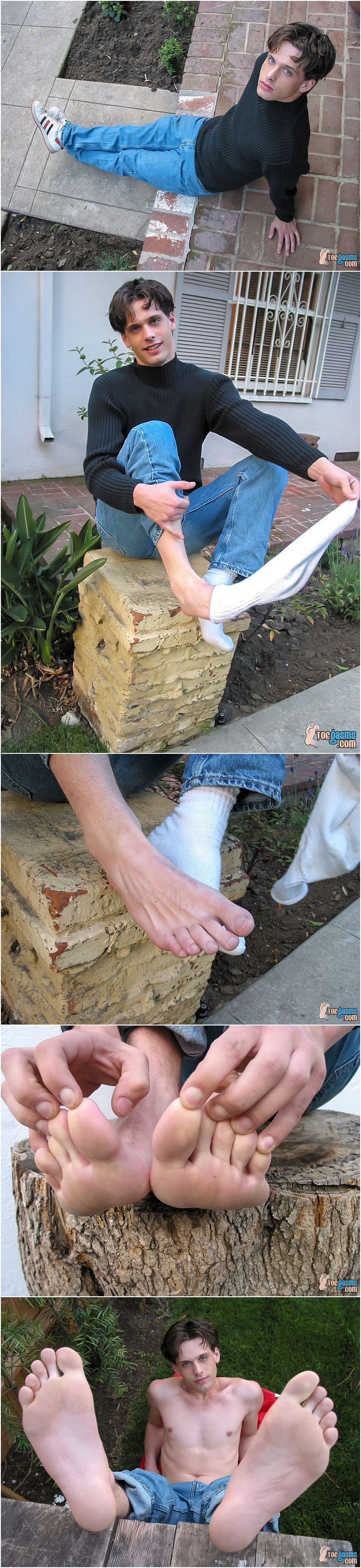 Barefoot, smooth chested twink outdoors