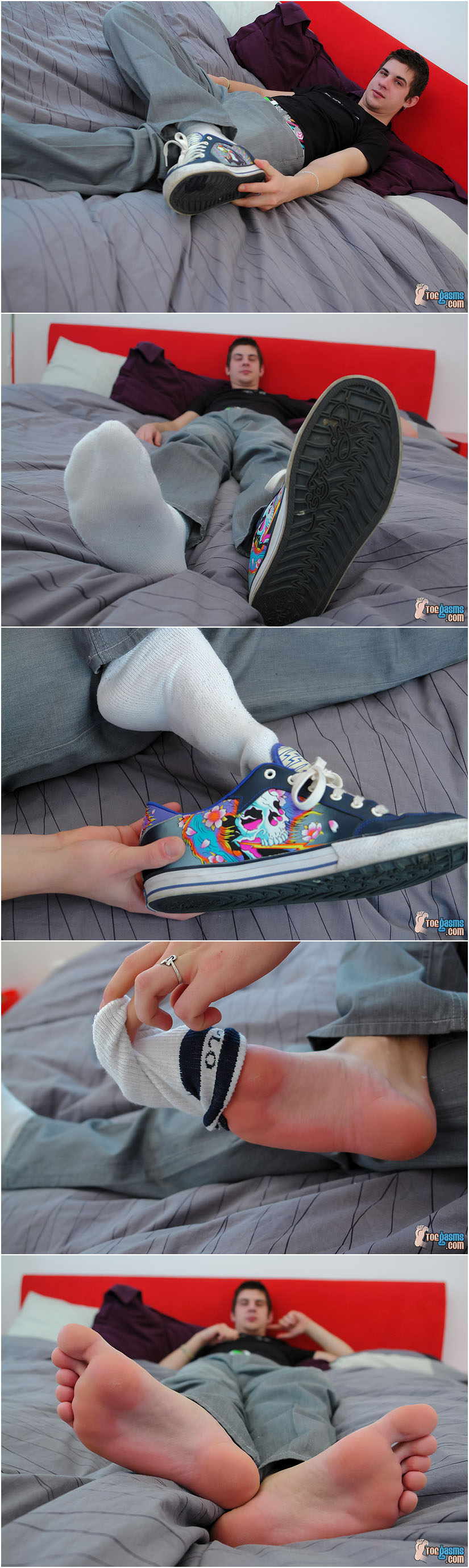 Skateboarder taking off his shoes and socks to show off his feet