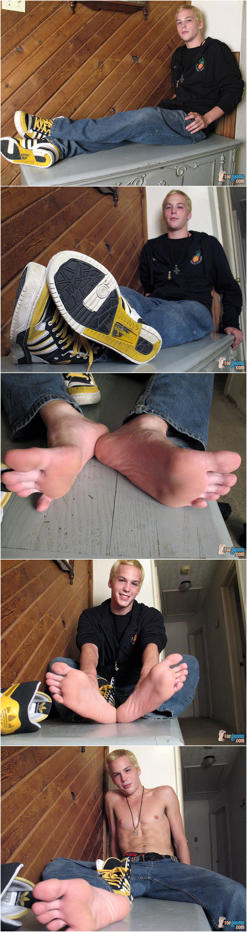 Cute twink shows off his bare sweaty feet