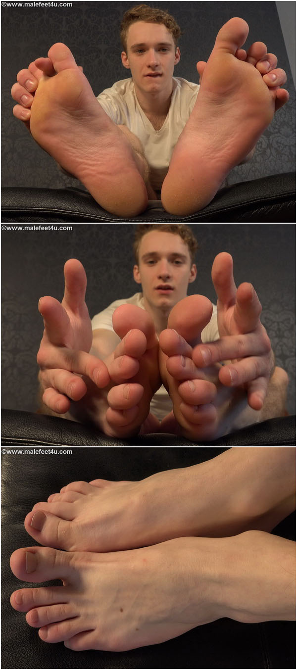 Barefoot twink plays with his toes