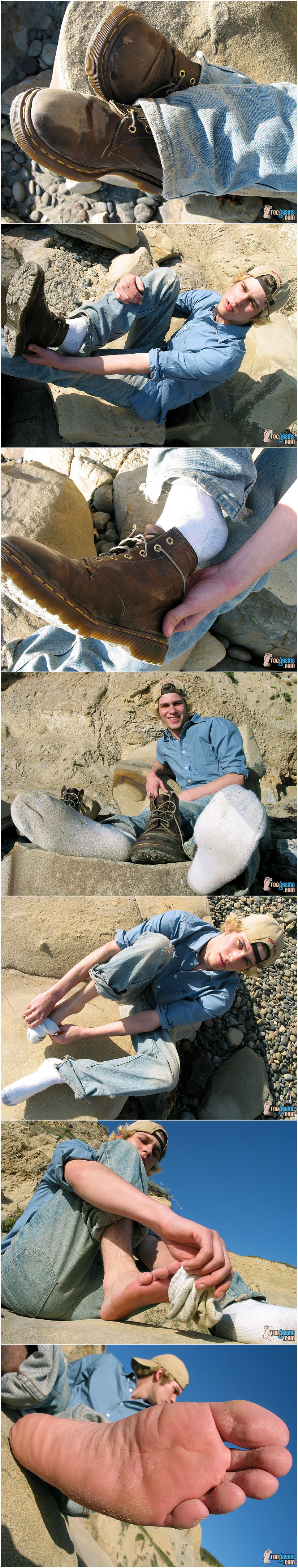 Cute twink takes off his hiking boots and dirty socks