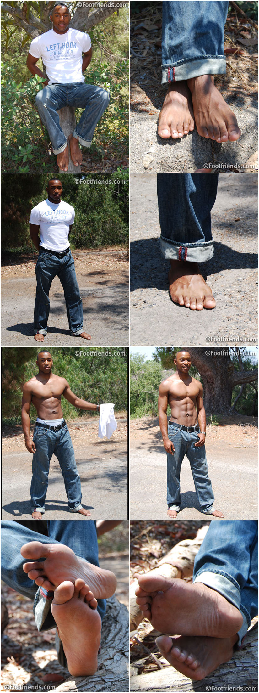 Handsome black muscle hunk with wide bare feet