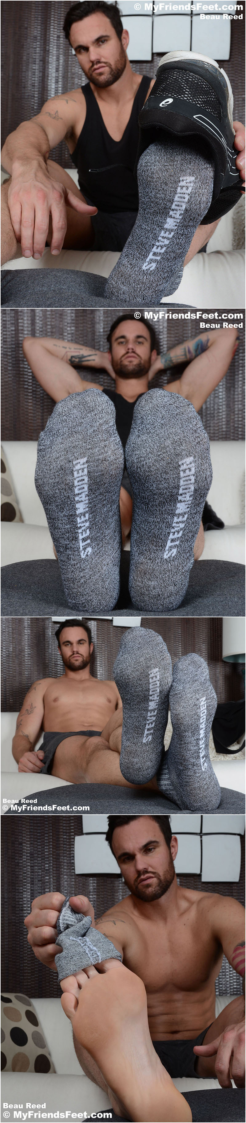 Rough and sexy bearded man pulls off his socks to show his bare feet