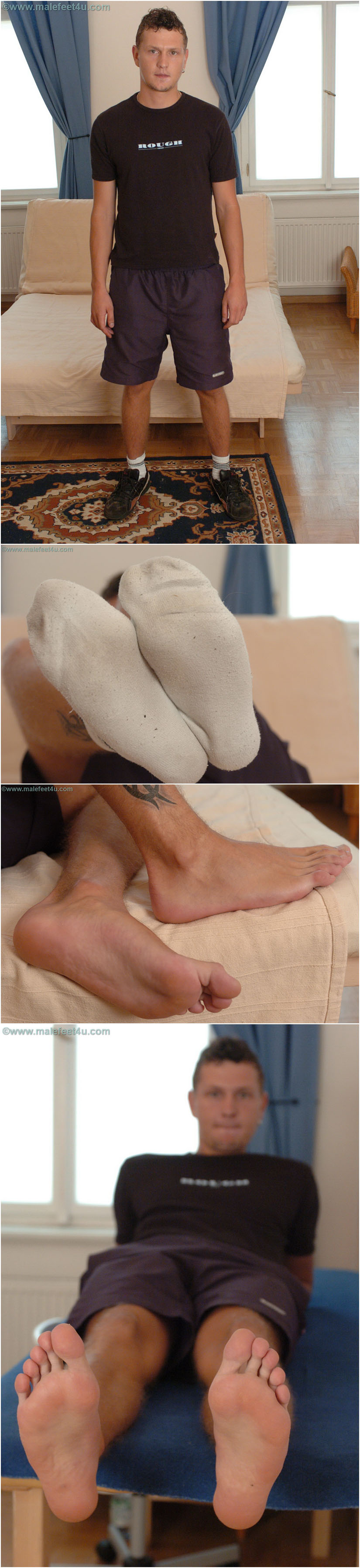 Euro male feet in dirty socks, then barefoot