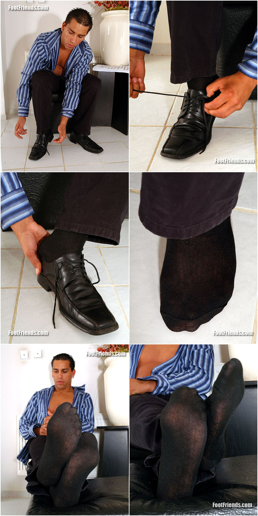 Amateur guy takes off his dress shoes, shows sheer black socks