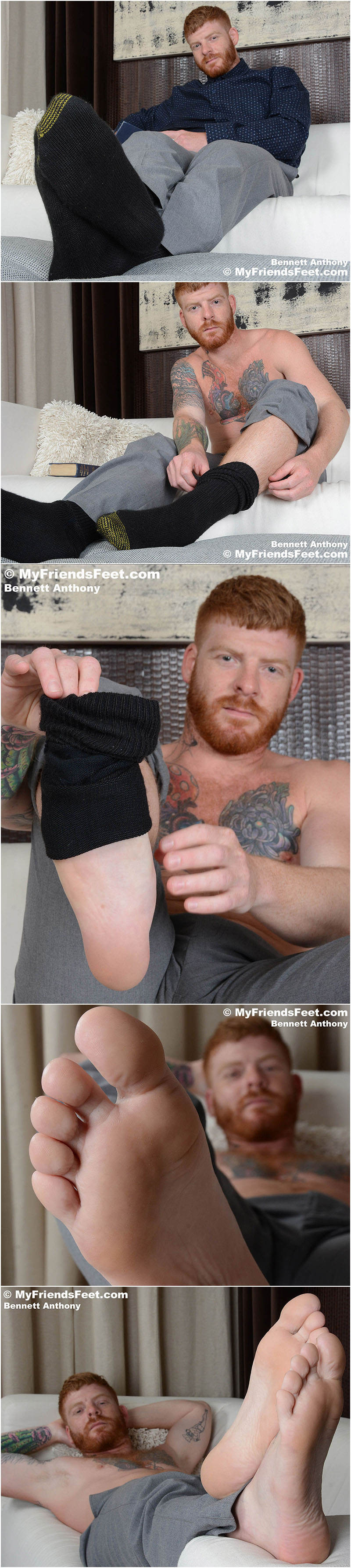 redheaded gay porn star Bennett Anthony shows off his feet in gold toe socks and barefoot