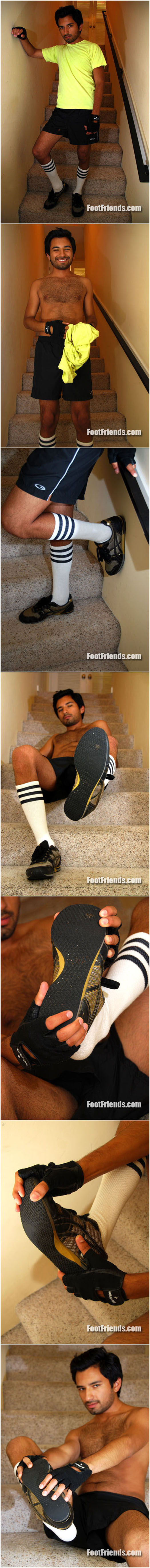 Hot Latino with hairy body and feet in athletic shoes