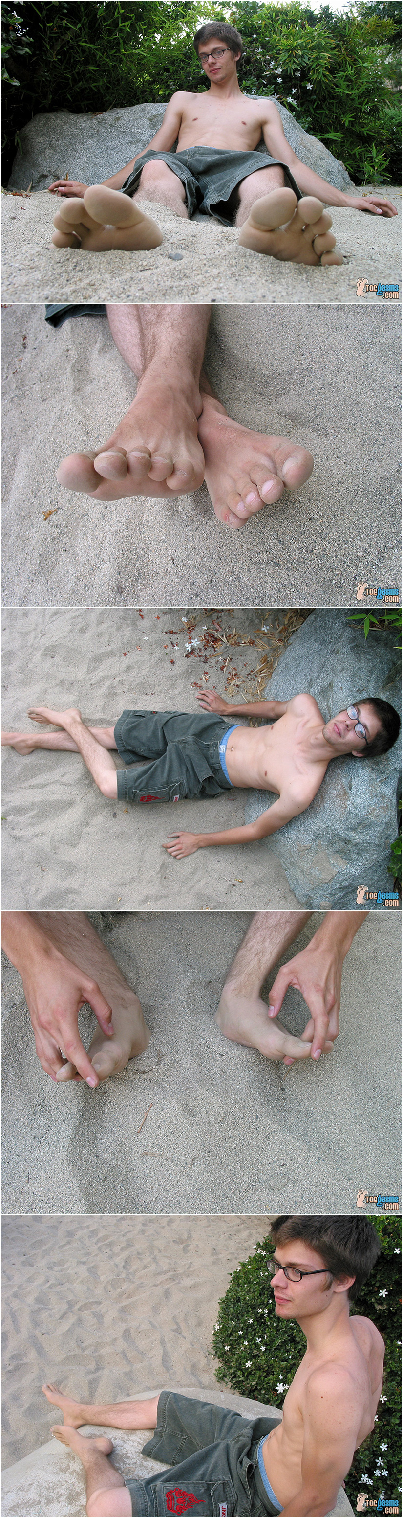 Smooth chested twink with sandy bare feet