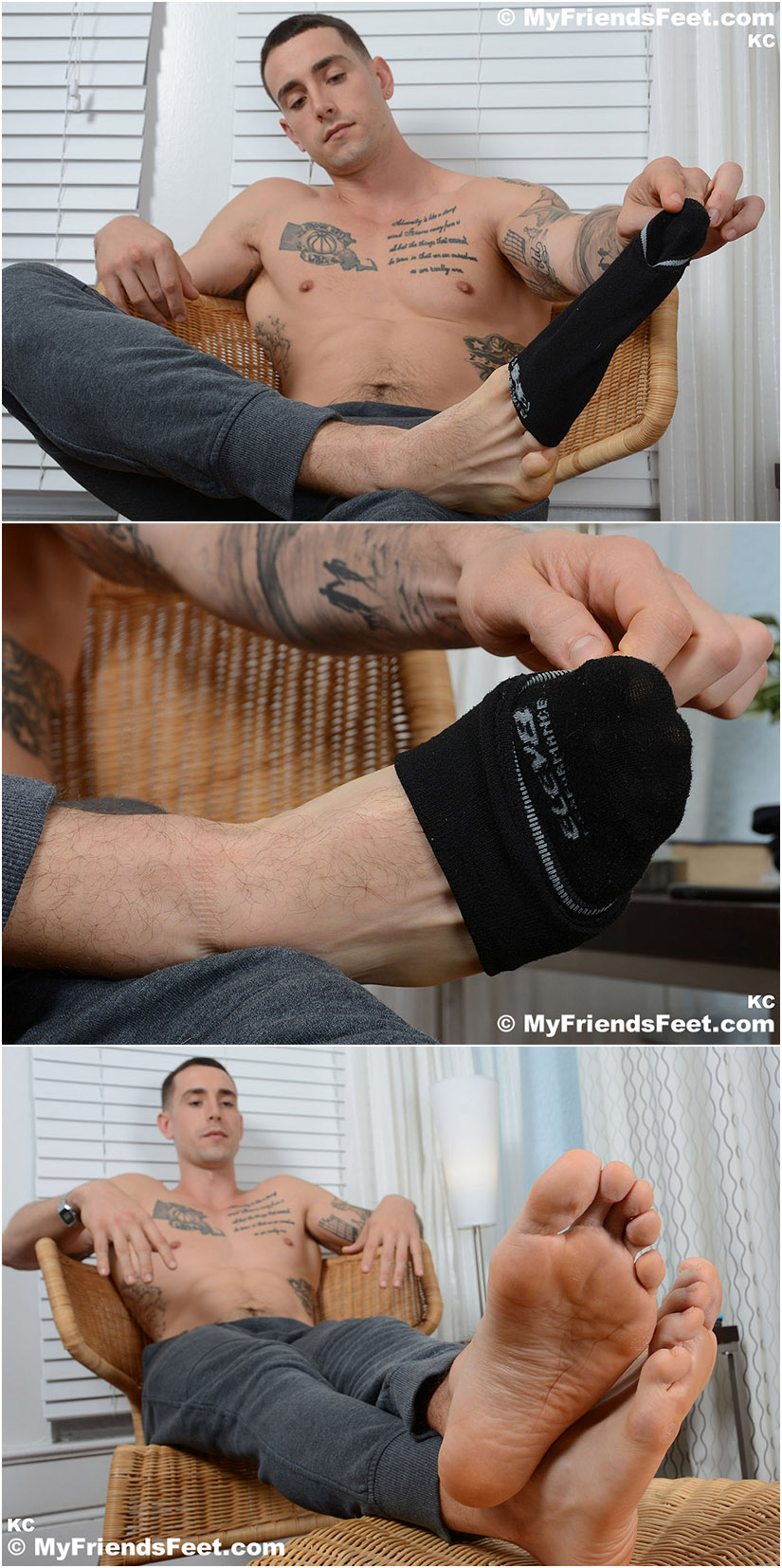 Tattooed hunk takes off his socks to show off his bare feet