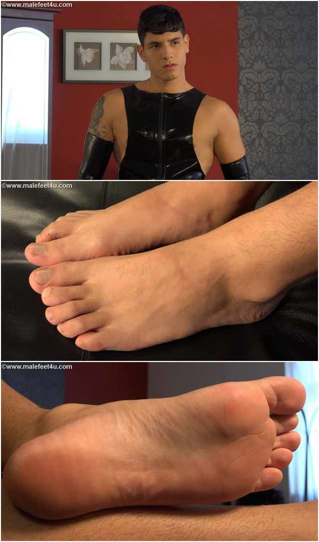 Sexy European guy shows his bare feet