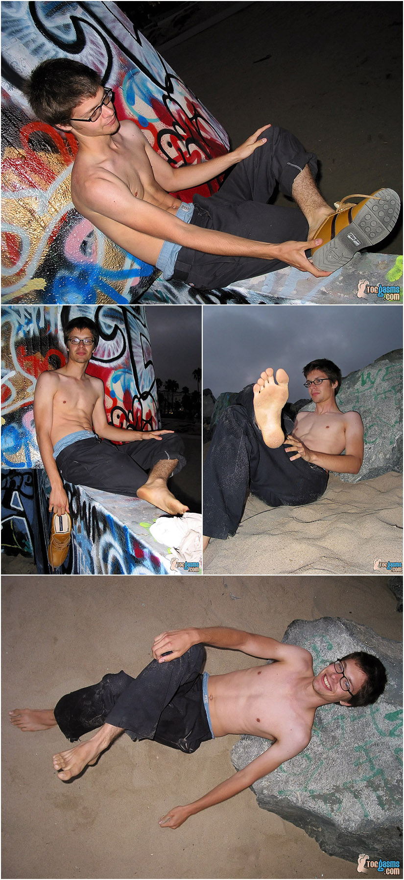 Barefoot, shirtless twink in glasses