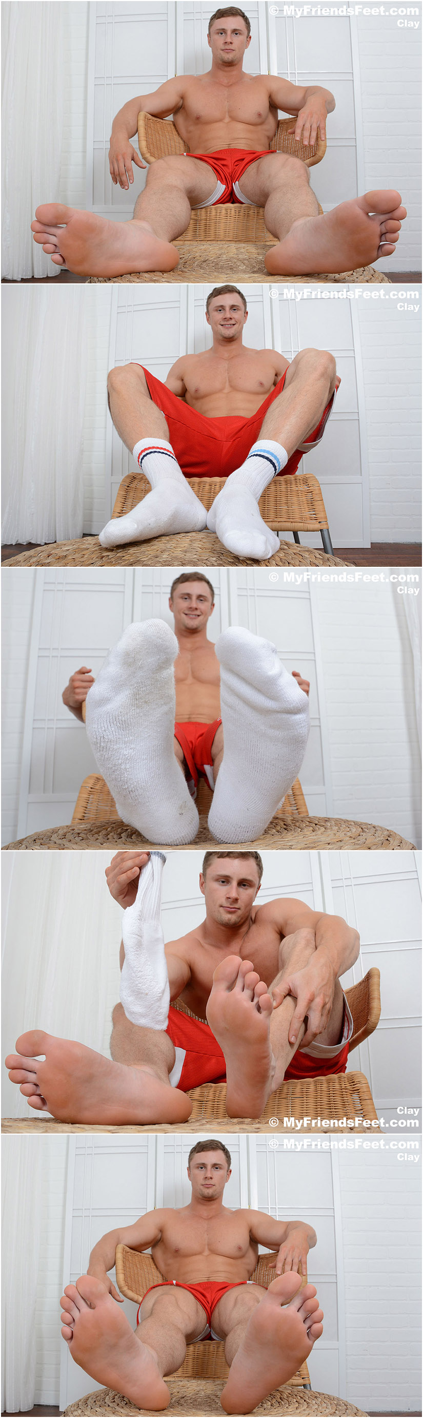 Muscle hunk takes off his socks and shows off his bare feet
