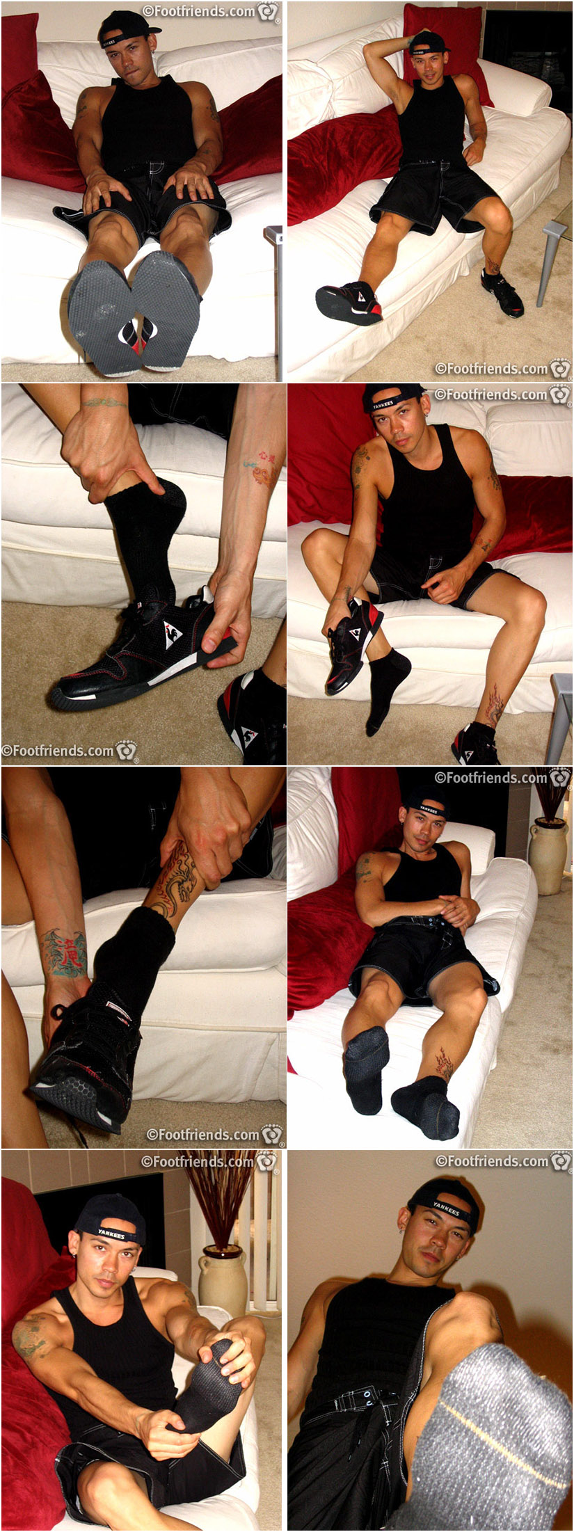 Slim amateur guy takes off his shoes to reveal sweaty socks