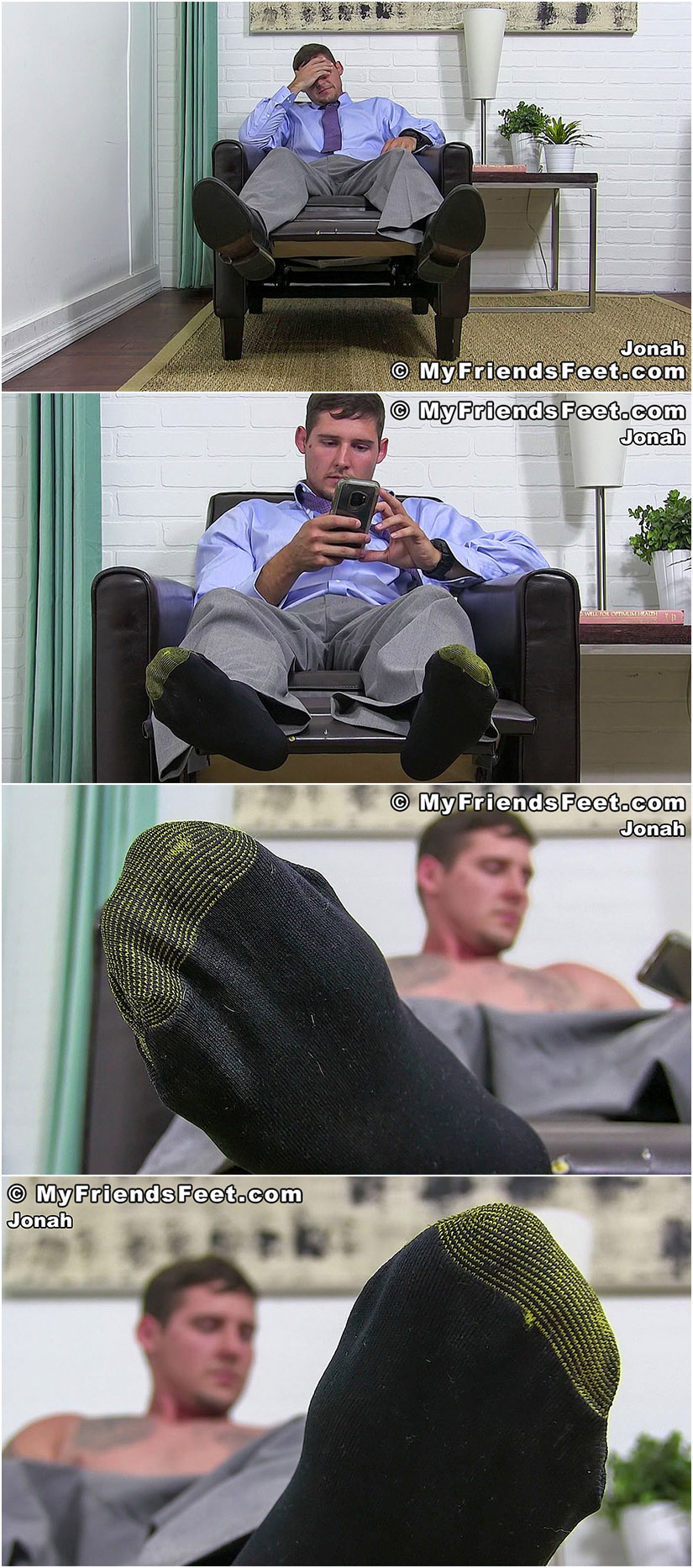 man shows off his feet in black socks